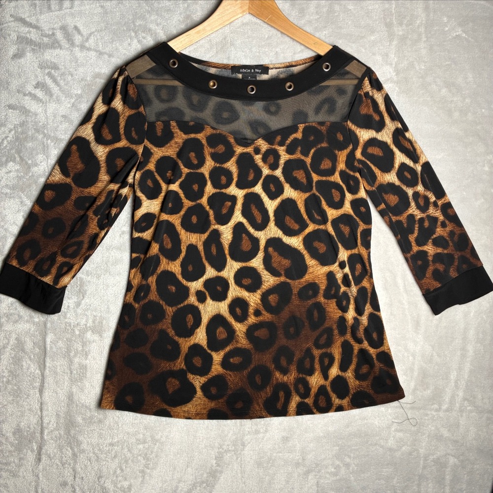 Adele & May Leopard Print Grommet Mesh Yoke 3/4 Sleeve Blouse N26102A Small